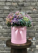 Цветочная композиция из Гипсофила и Розы в шляпной коробке в Ваулово