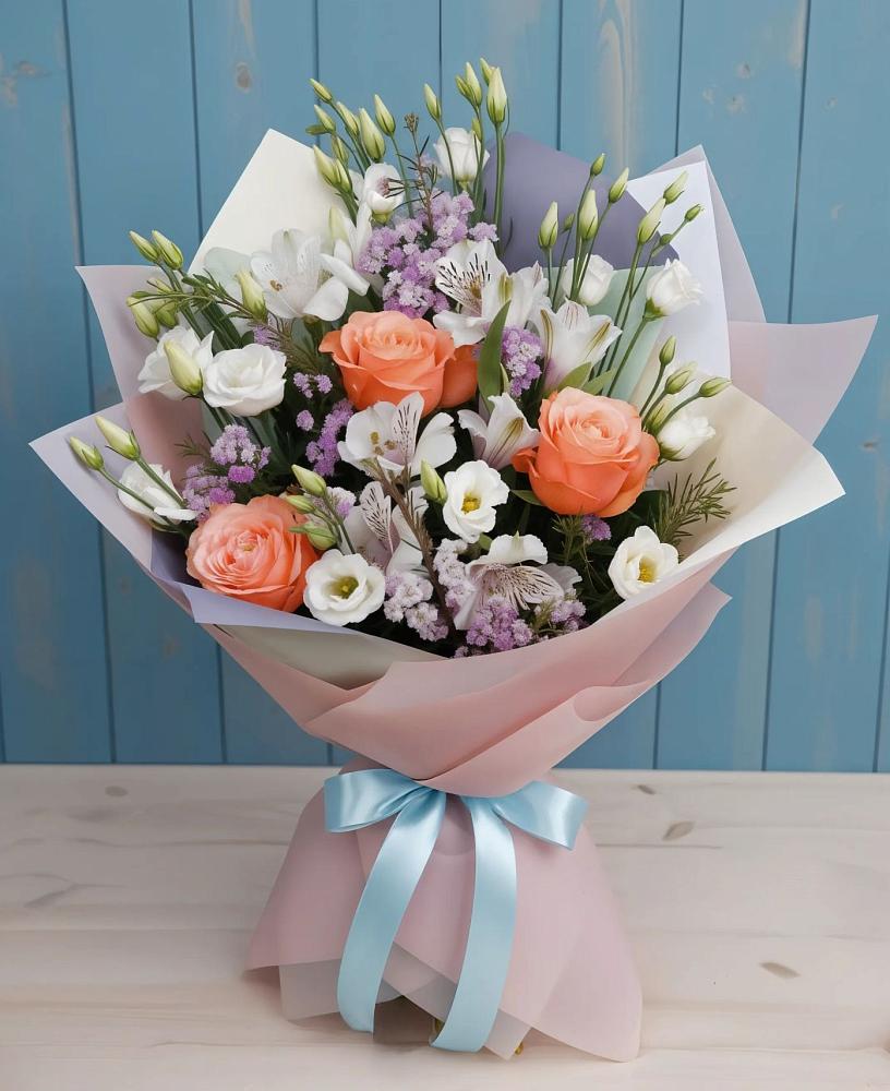 Букет цветов из: Лизиантусы, Розы, Альстромерии и Гипсофила в Ваулово